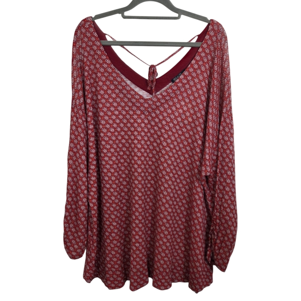 NWT Lucky Brand Blouse Top V-Neck Tassel Tie Boho Rust Red Size 3X